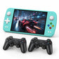 Mint blue handheld gaming console with dual black controllers and colorful game display