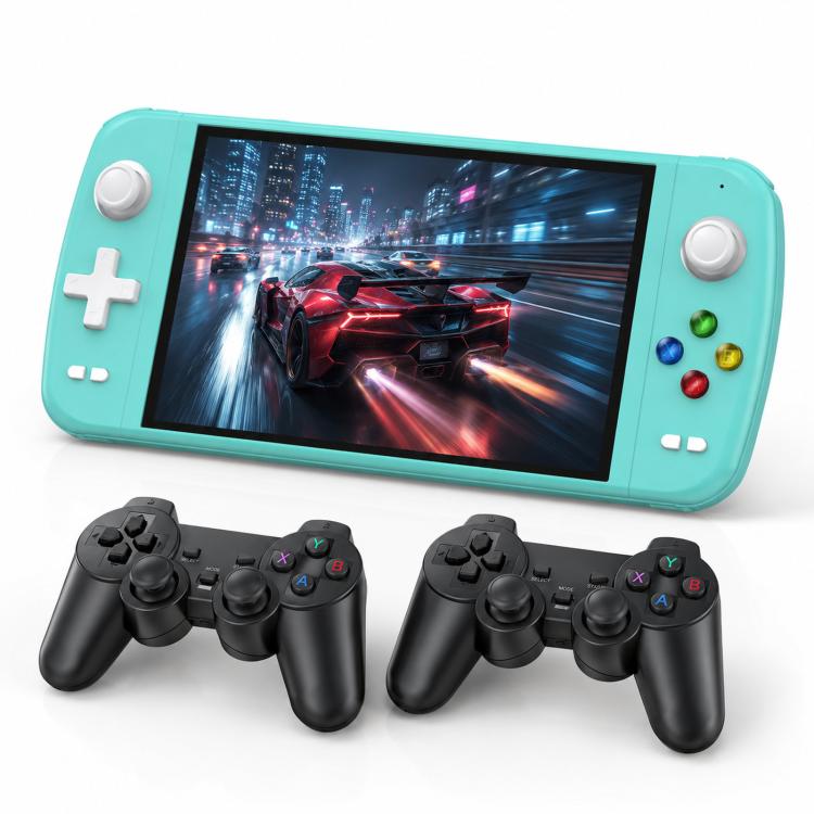 Mint blue handheld gaming console with dual black controllers and colorful game display