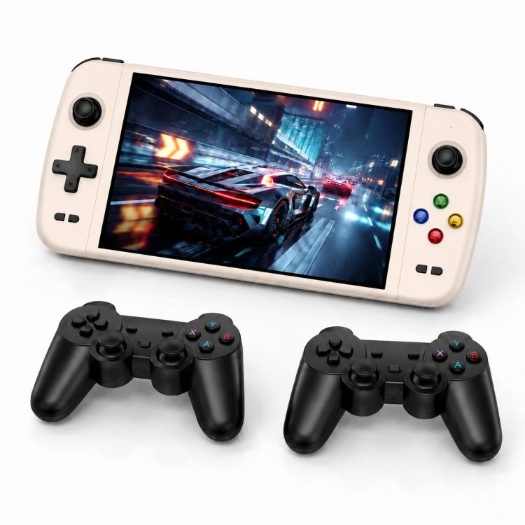 Beige handheld gaming console with two black gamepad controllers and 7-inch screen