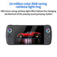 Black handheld gaming console with RGB rainbow light rings and racing game display