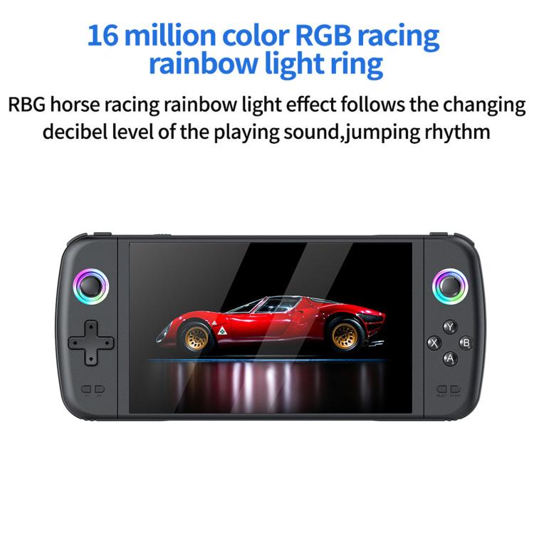 Black handheld gaming console with RGB rainbow light rings and racing game display