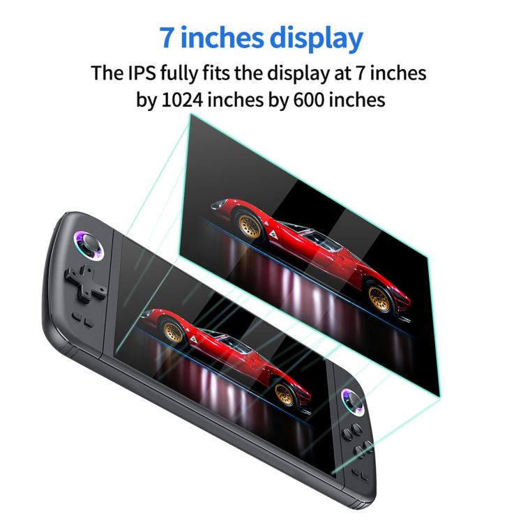Black handheld gaming console with 7-inch screen and controller buttons on the left side.