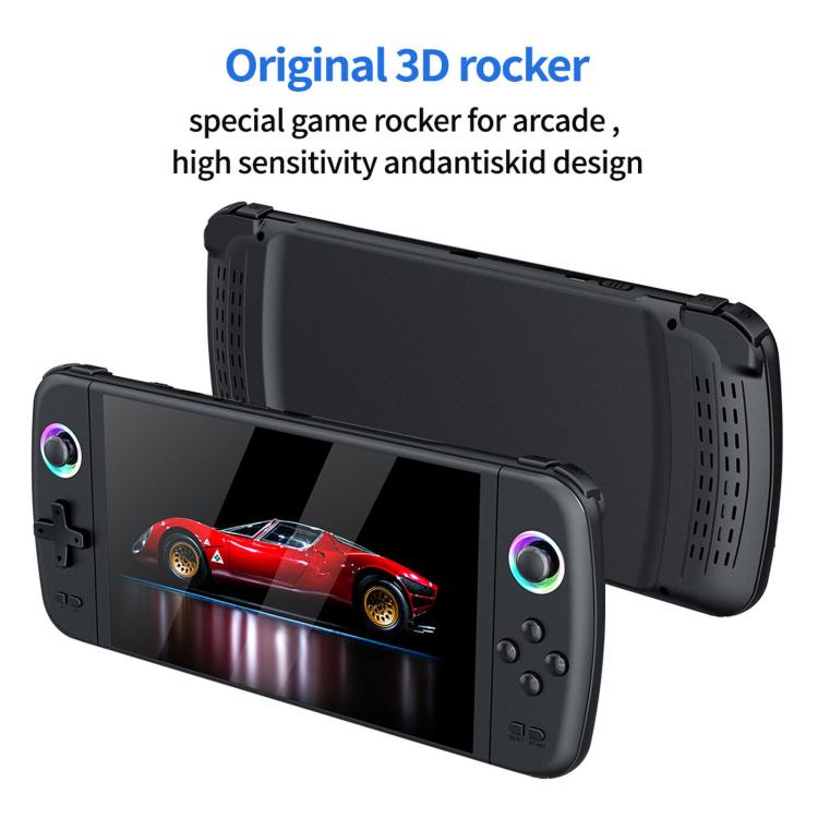 Black handheld gaming console with large 7-inch display and controller grips.