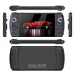 Black handheld gaming console showing front controls and rear speaker vent panel.