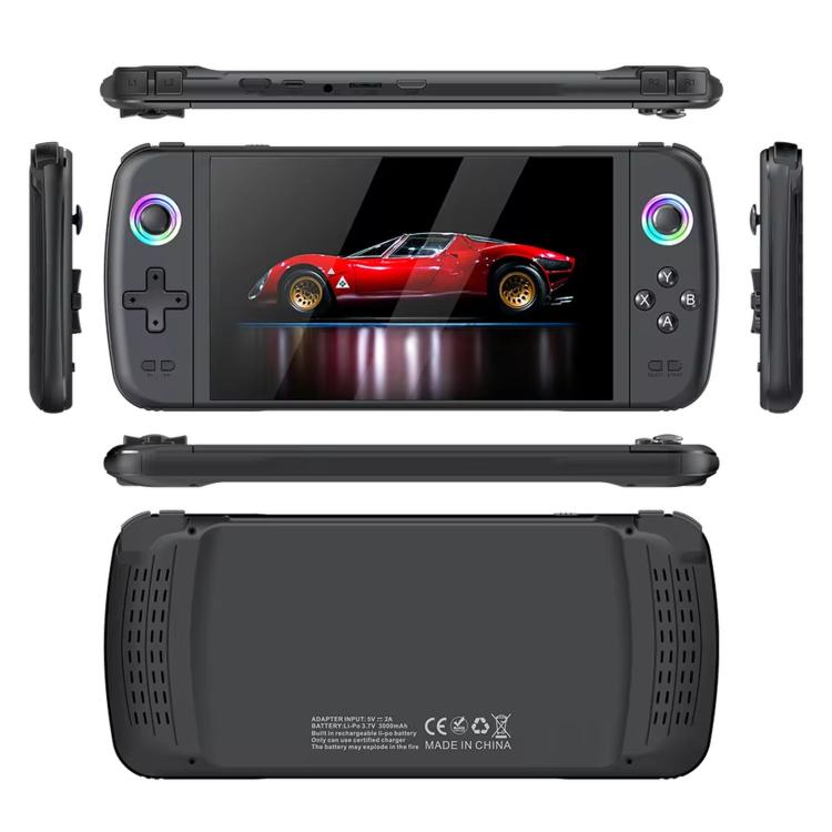 Black handheld gaming console showing front controls and rear speaker vent panel.