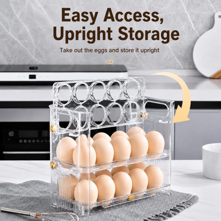30 Eggs Holder for Refrigerator Door, 3-Tier Flip-Up Egg Storage Container with Sliding Date Tracker, Clear Space-Saving Egg Dispenser Rack