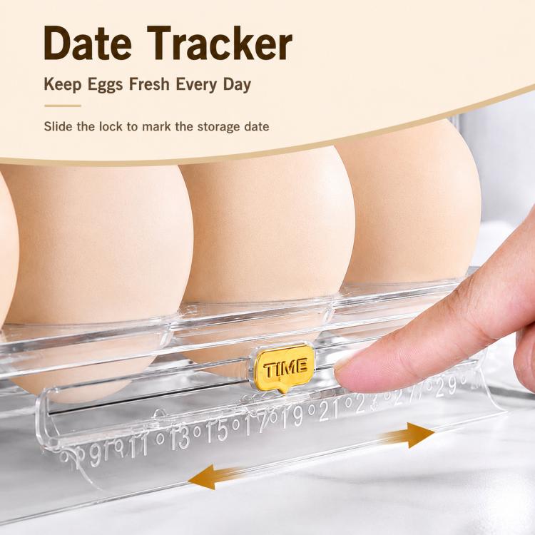 30 Eggs Holder for Refrigerator Door, 3-Tier Flip-Up Egg Storage Container with Sliding Date Tracker, Clear Space-Saving Egg Dispenser Rack