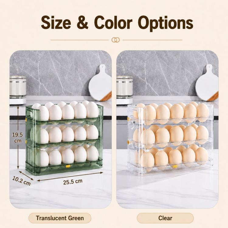 30 Eggs Holder for Refrigerator Door, 3-Tier Flip-Up Egg Storage Container with Sliding Date Tracker, Clear Space-Saving Egg Dispenser Rack