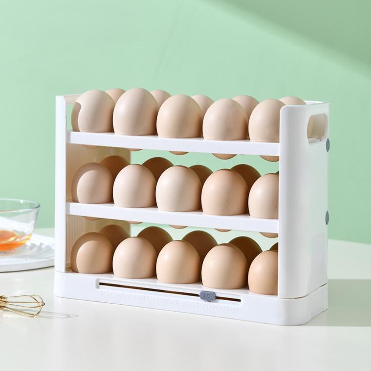 30 Eggs Holder for Refrigerator Door, 3-Tier Flip-Up Egg Storage Container with Sliding Date Tracker, Clear Space-Saving Egg Dispenser Rack