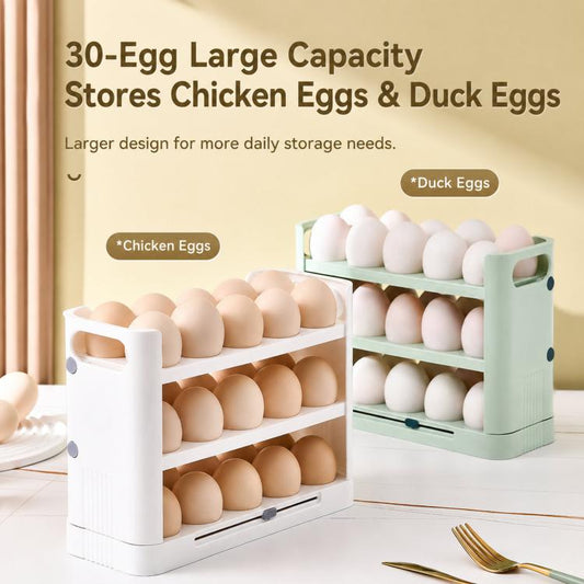 30 Eggs Holder for Refrigerator Door, 3-Tier Flip-Up Egg Storage Container with Sliding Date Tracker, Clear Space-Saving Egg Dispenser Rack