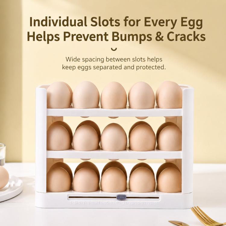 30 Eggs Holder for Refrigerator Door, 3-Tier Flip-Up Egg Storage Container with Sliding Date Tracker, Clear Space-Saving Egg Dispenser Rack