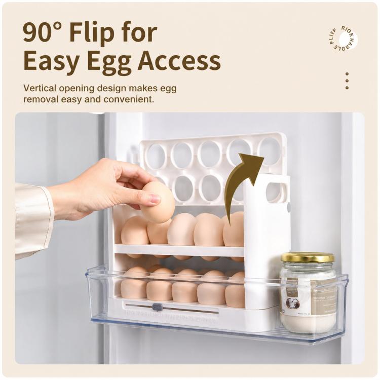 30 Eggs Holder for Refrigerator Door, 3-Tier Flip-Up Egg Storage Container with Sliding Date Tracker, Clear Space-Saving Egg Dispenser Rack