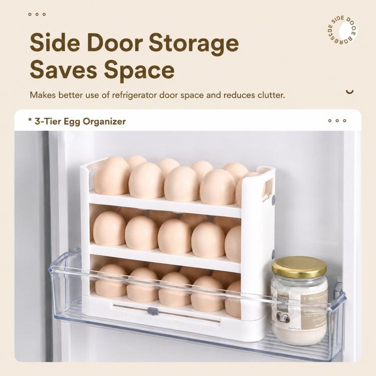 30 Eggs Holder for Refrigerator Door, 3-Tier Flip-Up Egg Storage Container with Sliding Date Tracker, Clear Space-Saving Egg Dispenser Rack