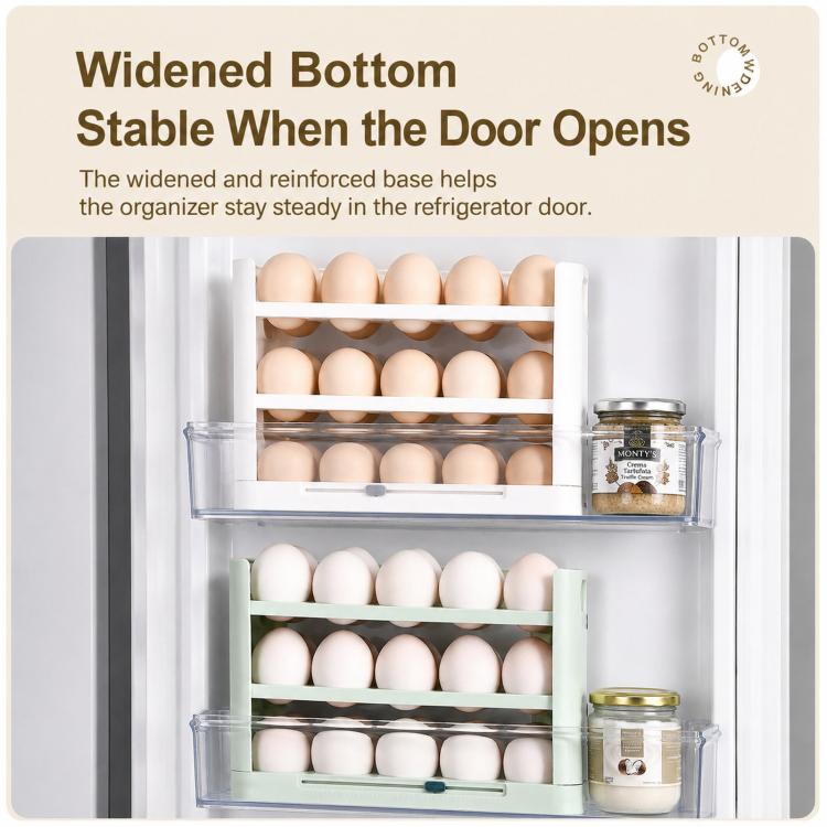 30 Eggs Holder for Refrigerator Door, 3-Tier Flip-Up Egg Storage Container with Sliding Date Tracker, Clear Space-Saving Egg Dispenser Rack
