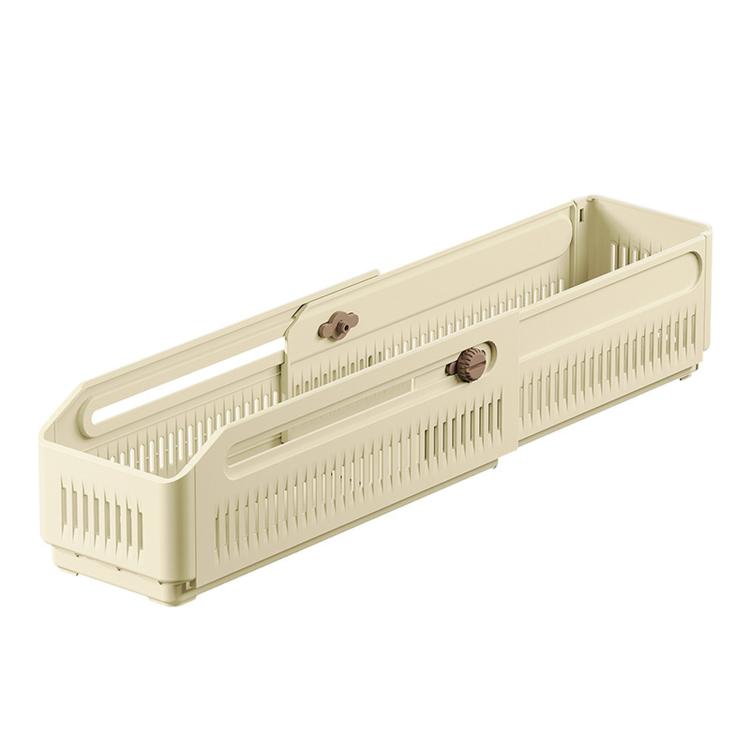 Cream expandable plastic storage bin with vented sides and carry handle, modular drawer insert