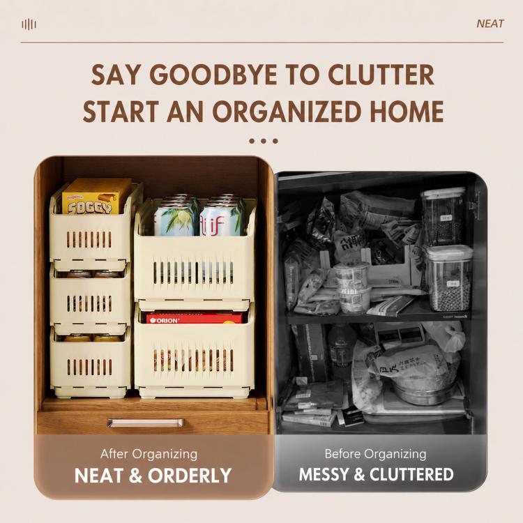 Cream plastic organizer bins with vented fronts for drawer storage, tidy arrangement