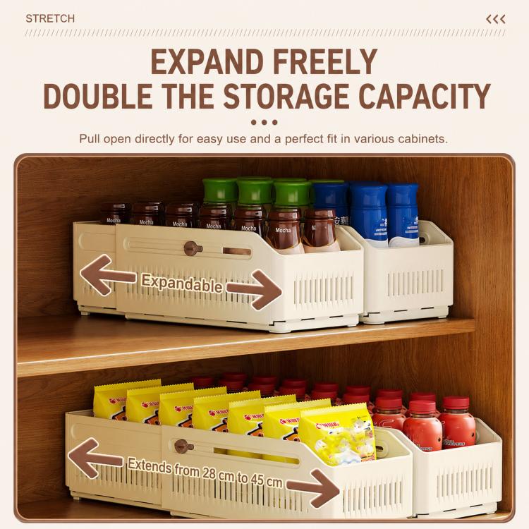 Expandable cream plastic storage bin with vented sides and pull handles for drawers