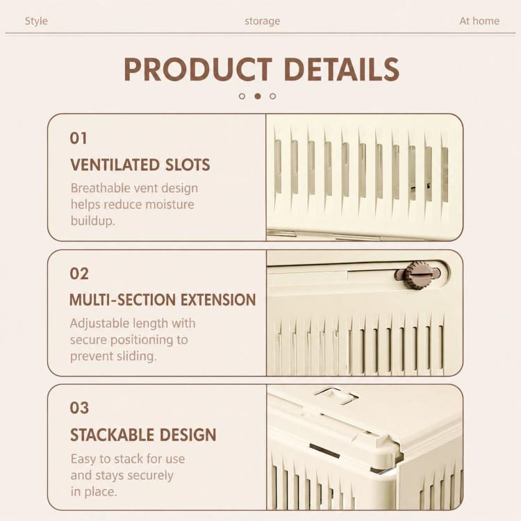 Cream plastic storage bin details showing vented slots, extension sections, and stackable sides