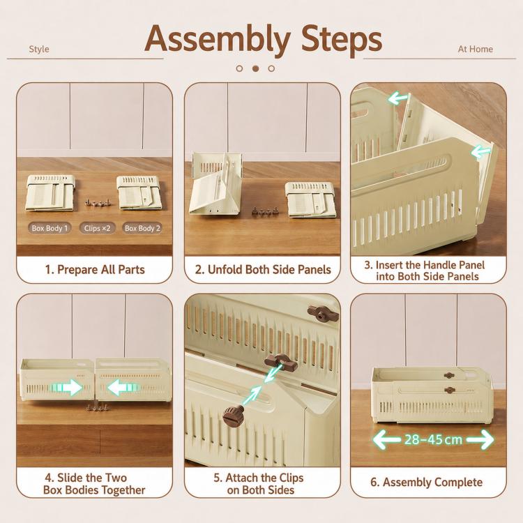 Stackable plastic drawer organizer bin assembly steps, side panels and slider lock