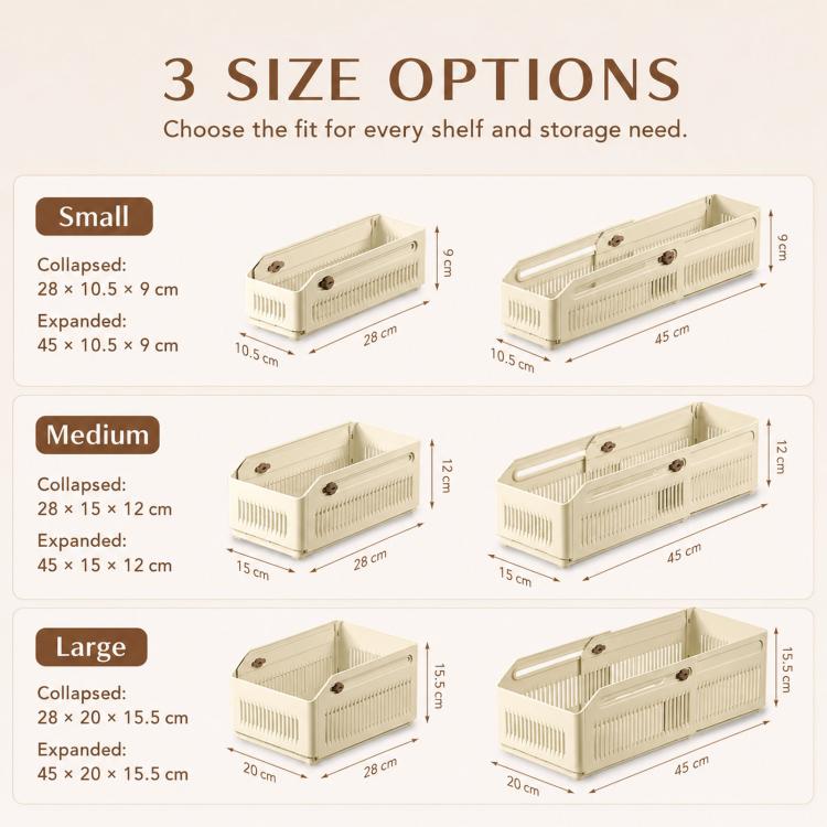 Three sizes of stackable plastic drawer organizer bins with slider lock: small, medium, large