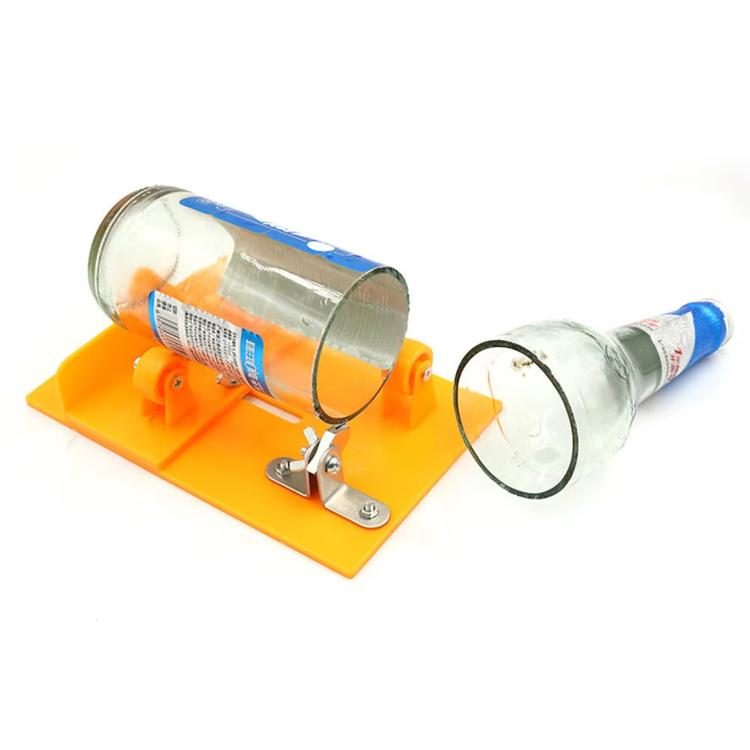 Glass bottle cutter tool with orange base and adjustable metal cutting arm