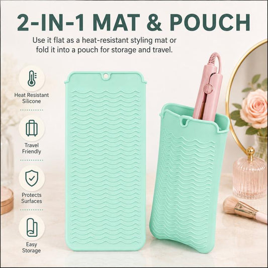 Heat Resistant Silicone Mat Pouch for Curling Iron & Flat Iron 2-in-1 Hot Hair Tool Travel Bag Organizer Non-Slip Double-Sided Wave Countertop Protective Pad for Hair Straightener