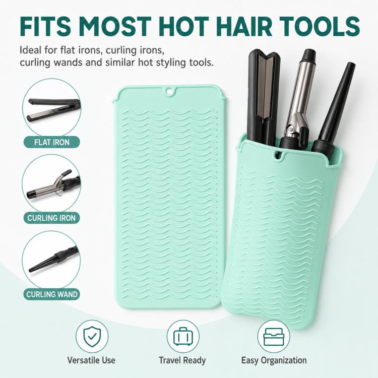 Mint teal silicone pouch mat with wave texture, holding multiple hair styling tools