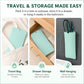 Mint teal silicone mat pouch in travel, drawer, and wall-hanging storage positions