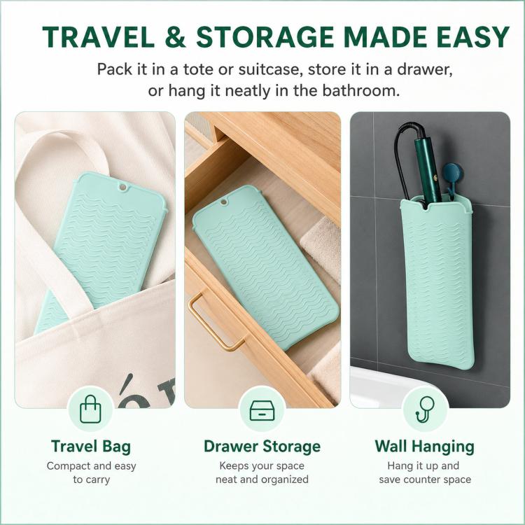 Mint teal silicone mat pouch in travel, drawer, and wall-hanging storage positions