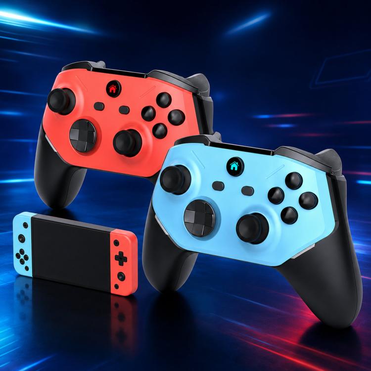 Two mini arcade controllers, red and blue, with black grips and thumb buttons
