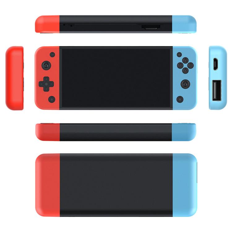 Handheld game console with red and blue detachable controllers, touchscreen and buttons