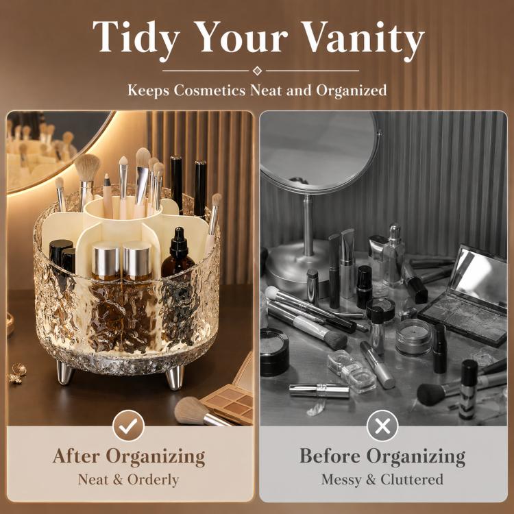 Rotating makeup organizer display with open top and organized beauty storage sections