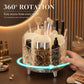 360-degree rotating makeup organizer with glowing base and open-top compartment storage