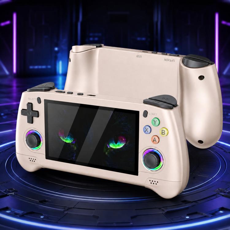 Off-white portable handheld game console in angled view with front screen and thumb controls