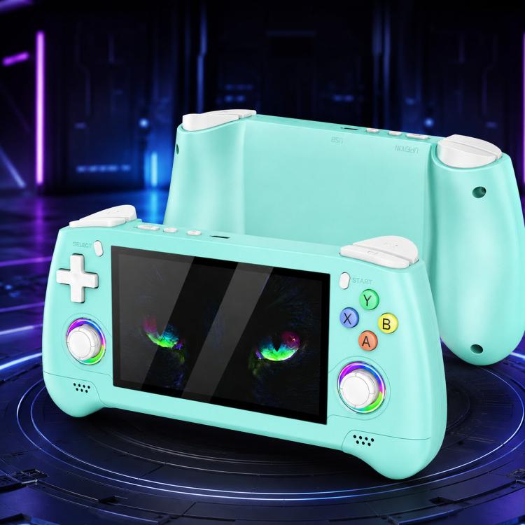 Mint portable handheld game console in angled view with front screen and thumb controls