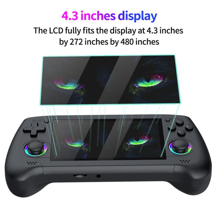 Handheld retro game console with widescreen 4.3-inch LCD and dual thumb joysticks