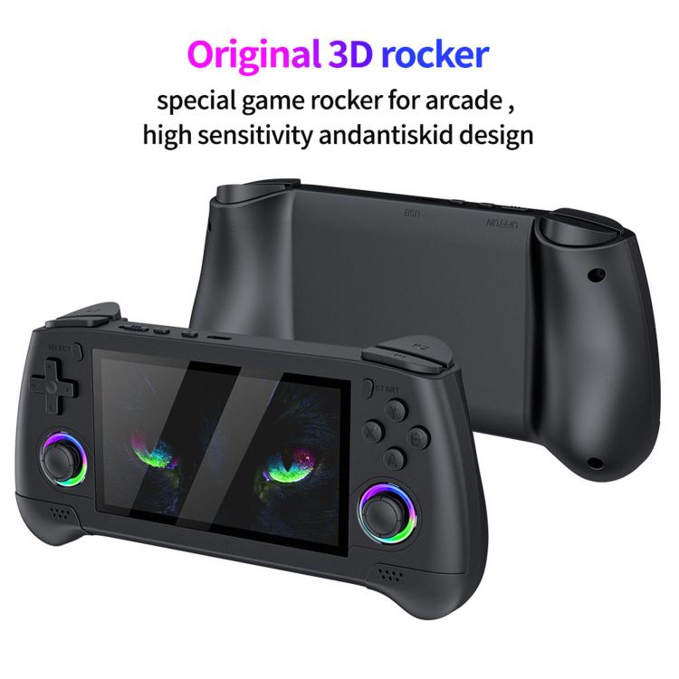 Black handheld retro game console with curved 3D rocker grips and dual thumb controls