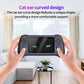 Handheld retro game console held in hands with cat-ear curved top design
