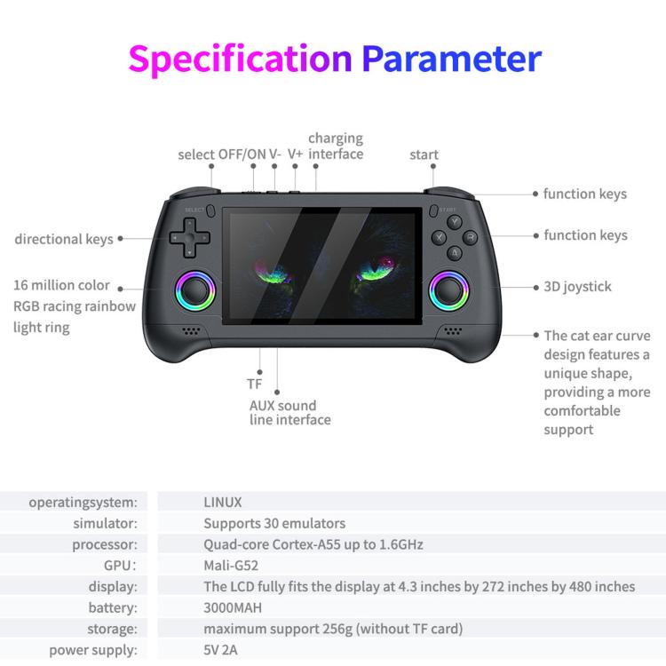 Handheld retro game console front view with dual joysticks and RGB ring lights