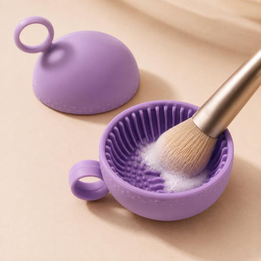 Handheld Silicone Makeup Brush Cleaning Bowl 2-in-1 Travel Cosmetic Brush Scrubber Cup with Hanging Loop
