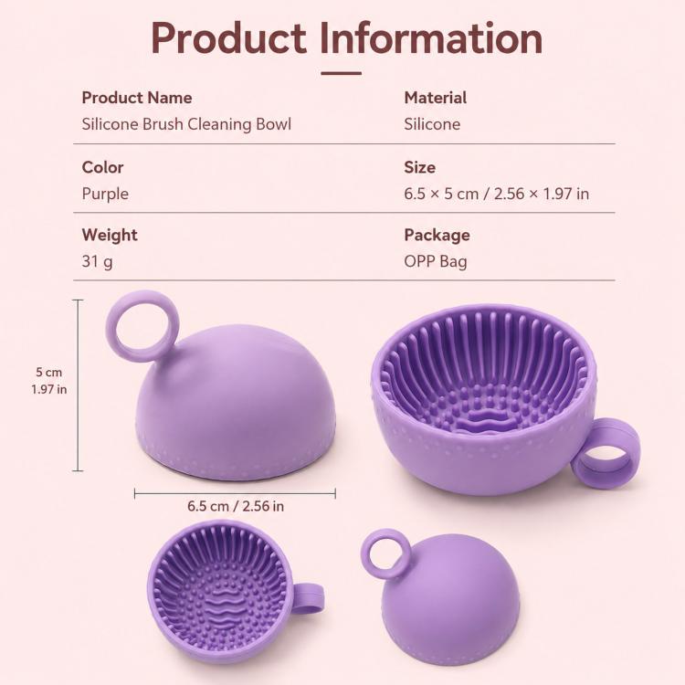 Purple silicone brush cleaning bowl with small cap piece and side handle