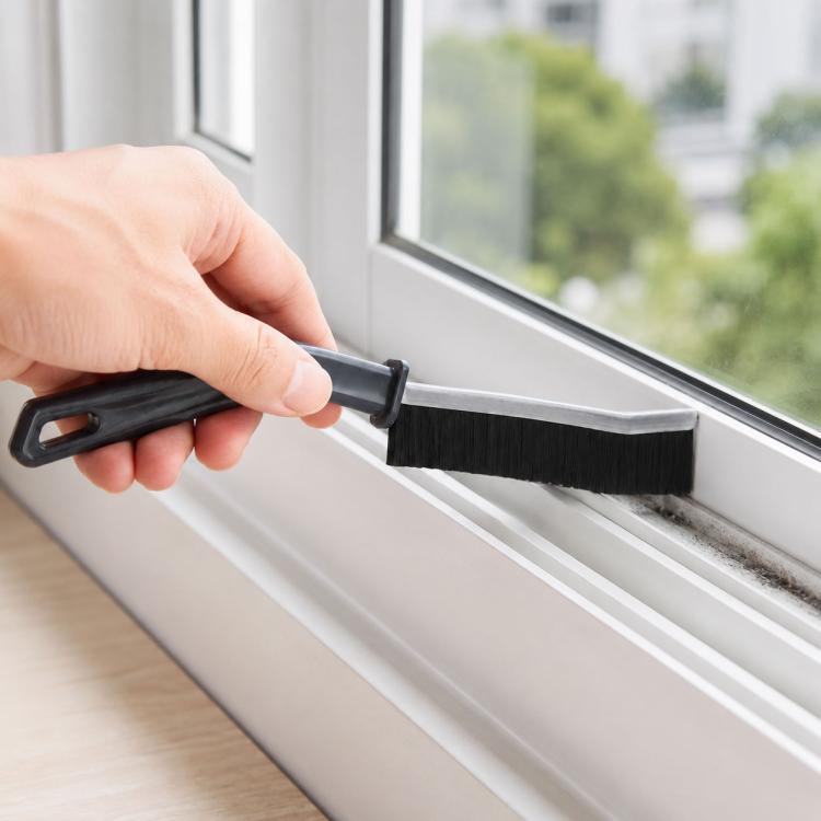 Hard bristle crevice cleaning brush with flat head for window and track gaps