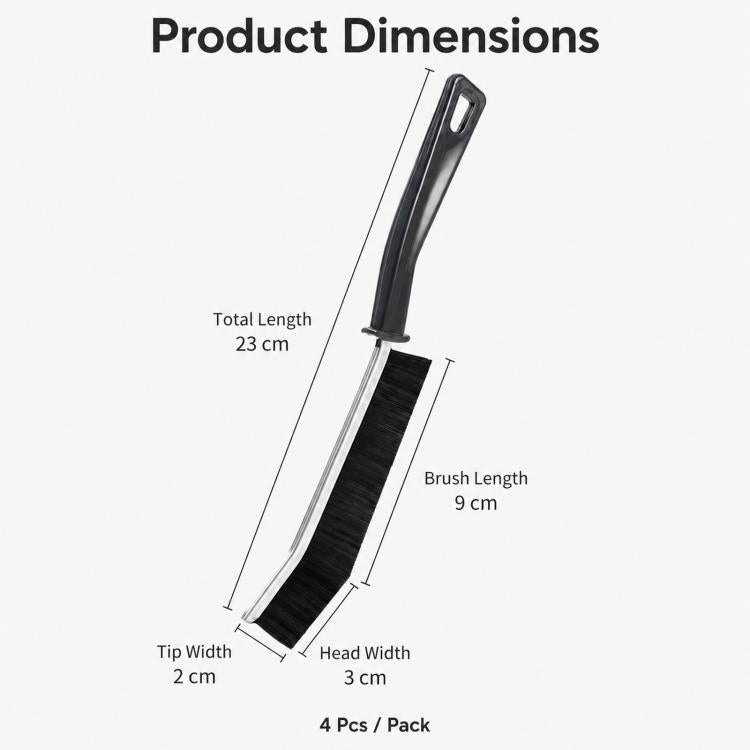 Crevice cleaning brush dimensions: 23 cm total length, 9 cm brush length