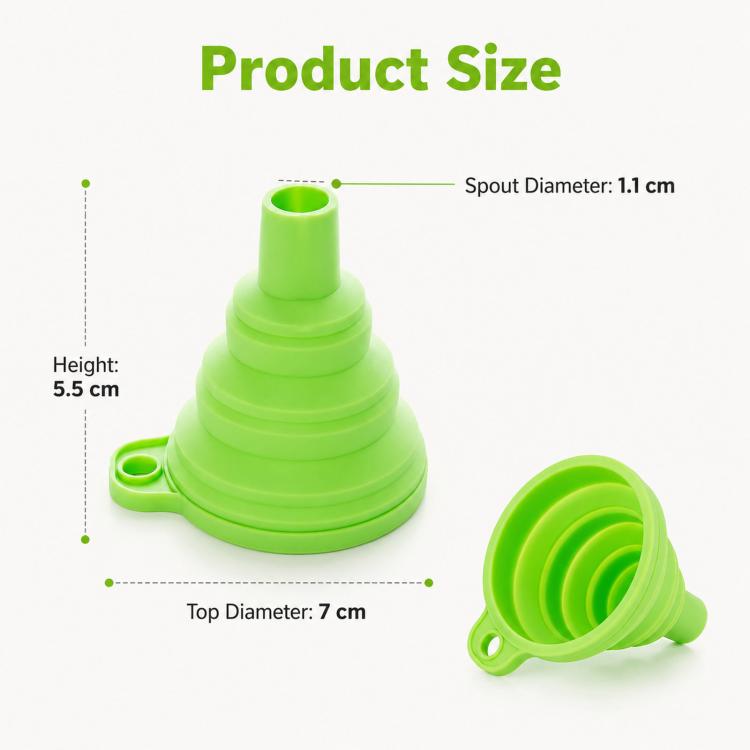 Green collapsible silicone funnel with stacked foldable spout and round base