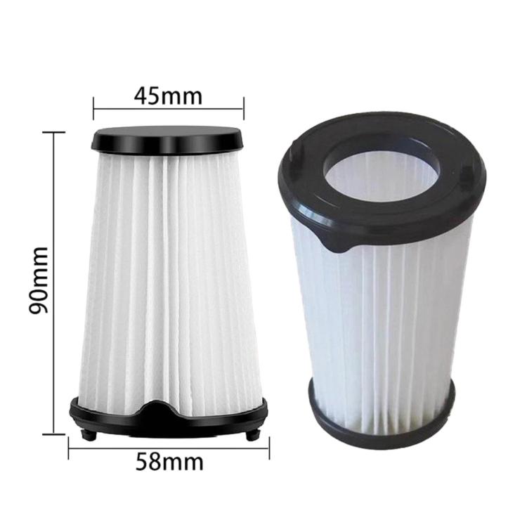 Vacuum cleaner filter pair; white pleated media with size labels 45mm, 90mm, 58mm