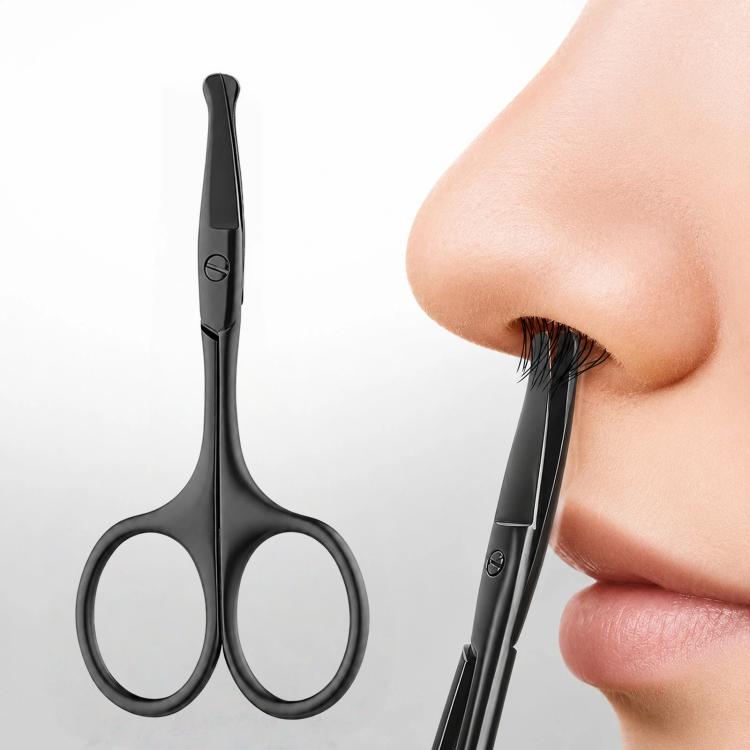 Black nose hair trimming scissors with rounded finger loops and curved safety tip.