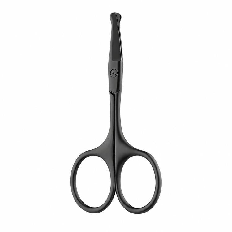 Black grooming scissors with rounded finger loops and a pointed curved trimming tip.