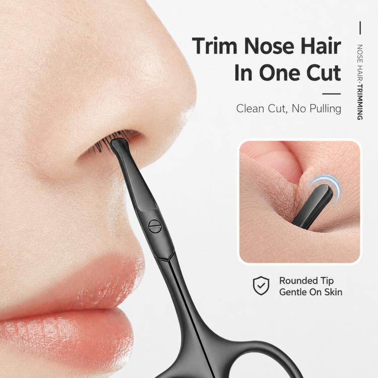 Curved black nose hair trimming scissors with a rounded safety tip for gentle grooming.