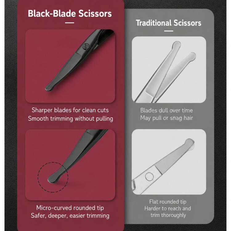 Black-blade nose hair scissors with micro-curved rounded tip for clean, smooth trimming.