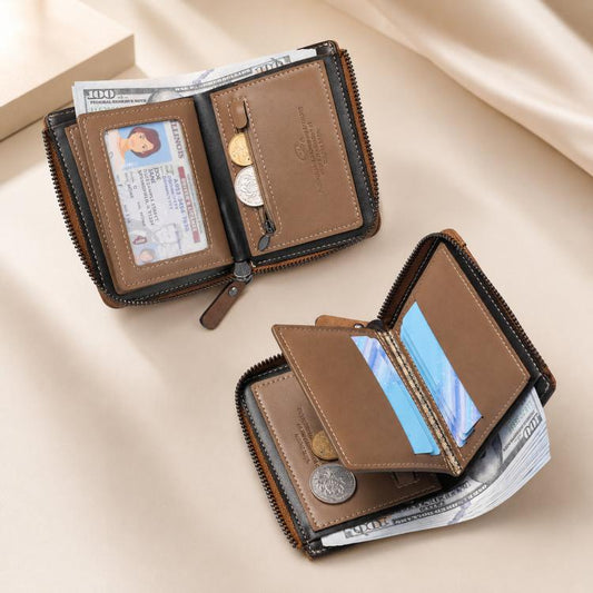 Mens Zipper Wallet Bifold Vintage PU Leather Card Holder with Coin Pocket, Multi Card Slots ID Window Large Capacity Zip Around Pocketbook for Men